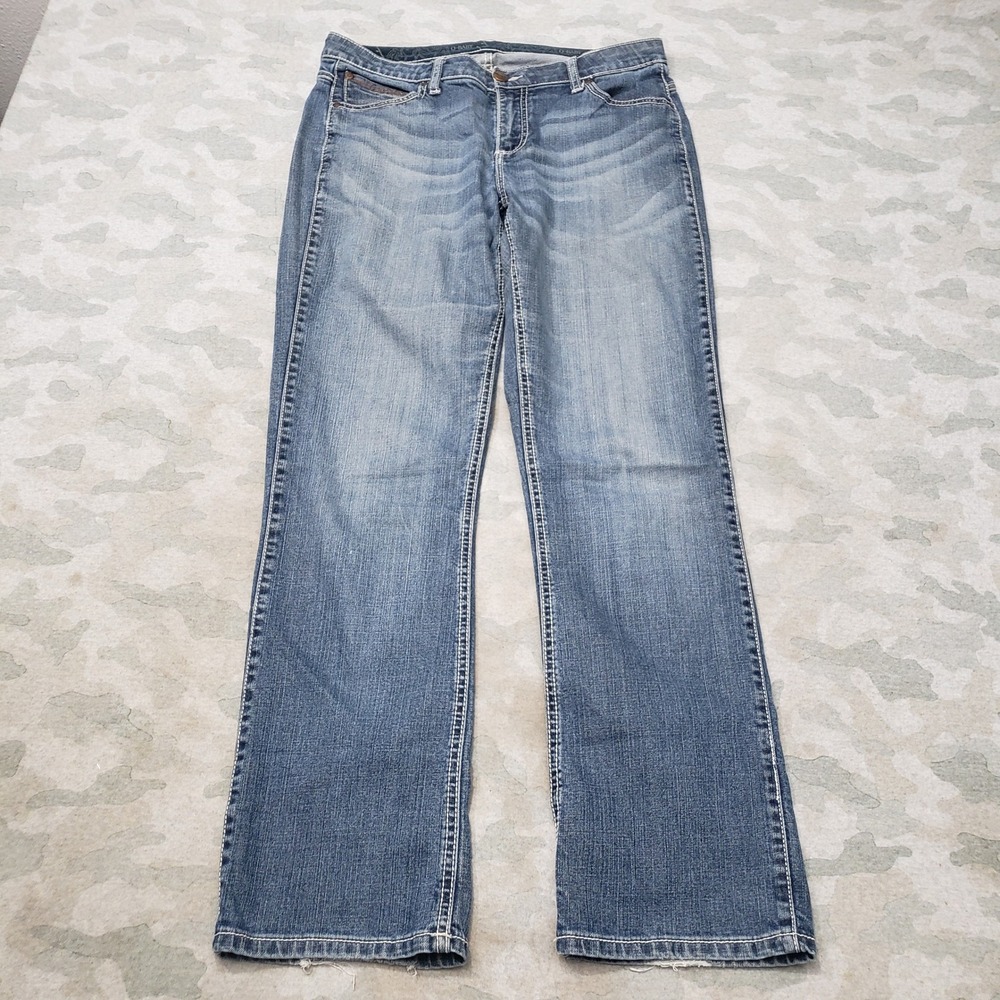 Wrangler Q-Baby Jeans Women34 Blue Whiskered Bootcut Western Denim Medium Wash